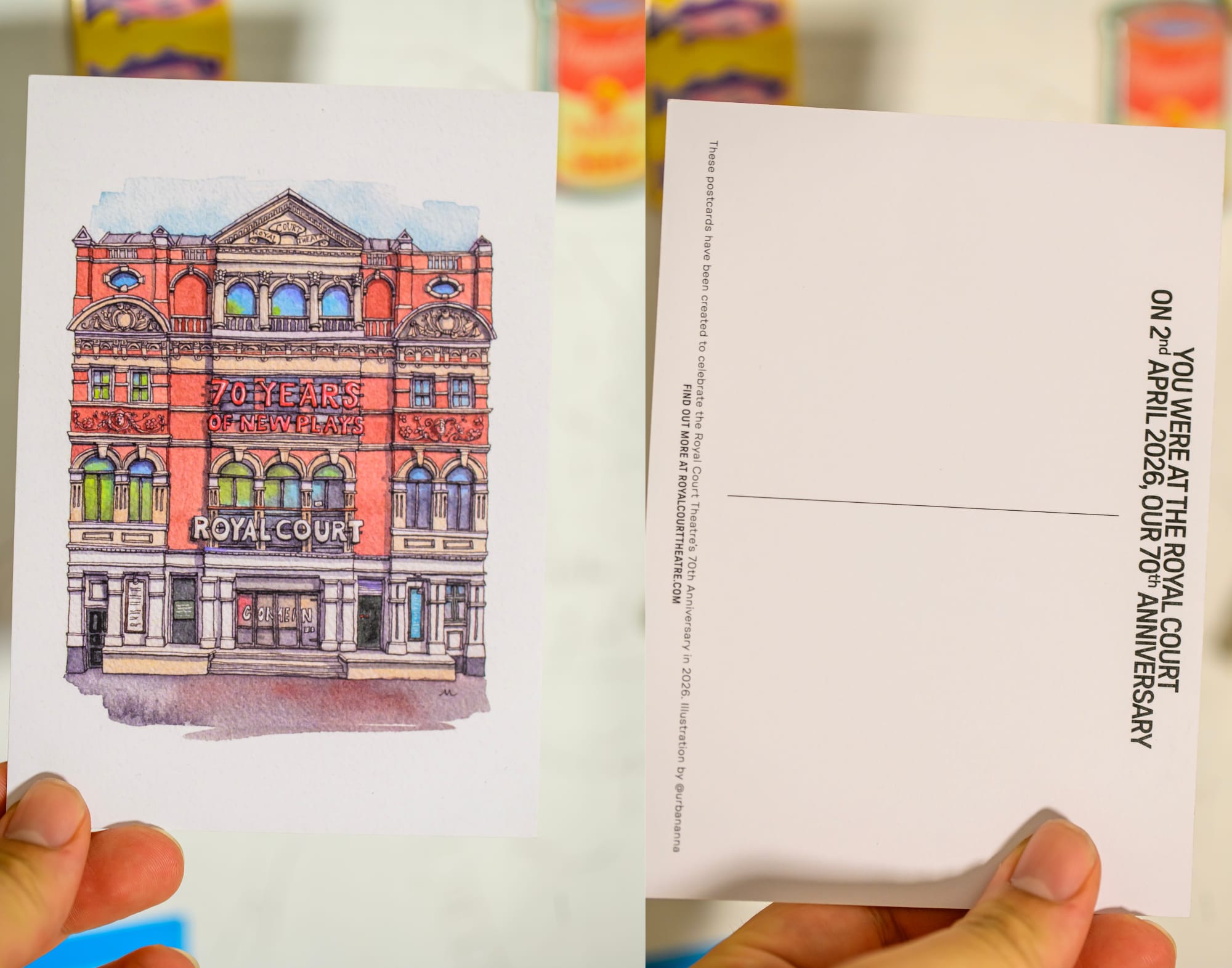 The front and back of a postcard celebrating the 70th anniversary of the Royal Court Theatre