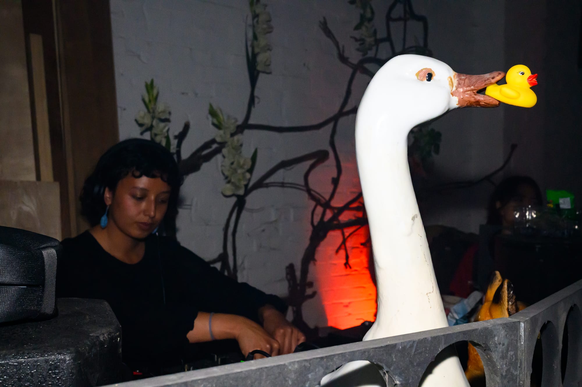 A DJ next to a plastic swan with a rubber goose in its mouth.